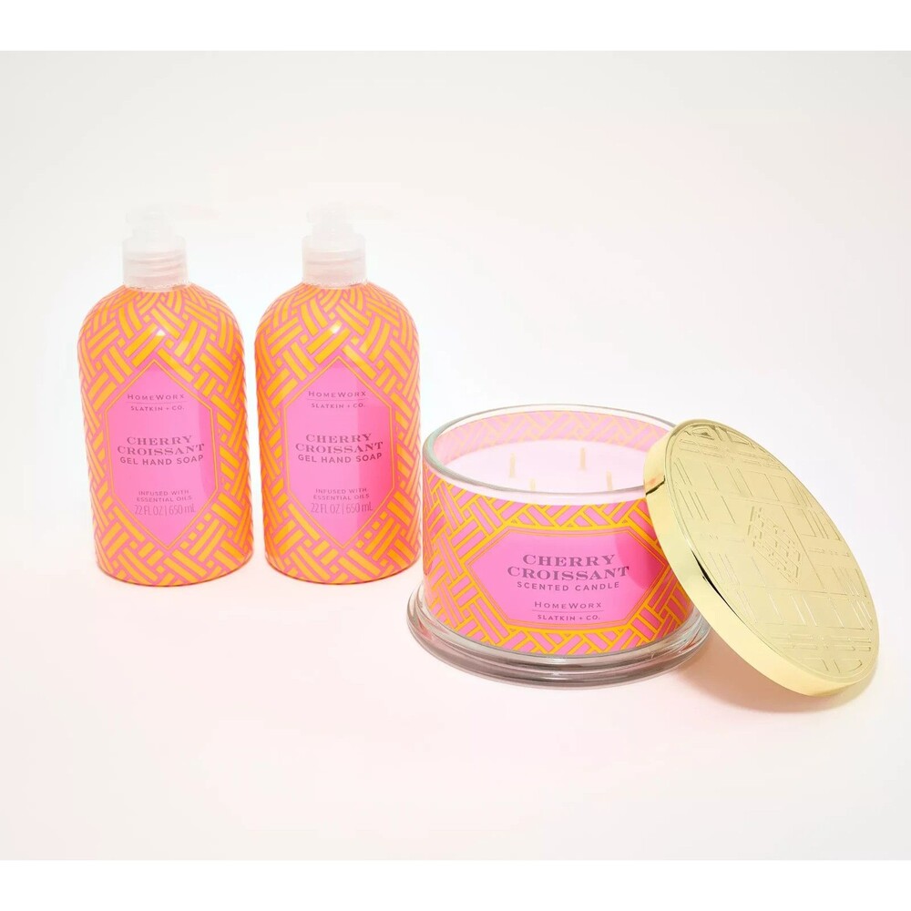 HomeWorx Slatkin + Co. Cherry Croissant 18oz 4-Wick Candle & 2 Hand Soaps Set